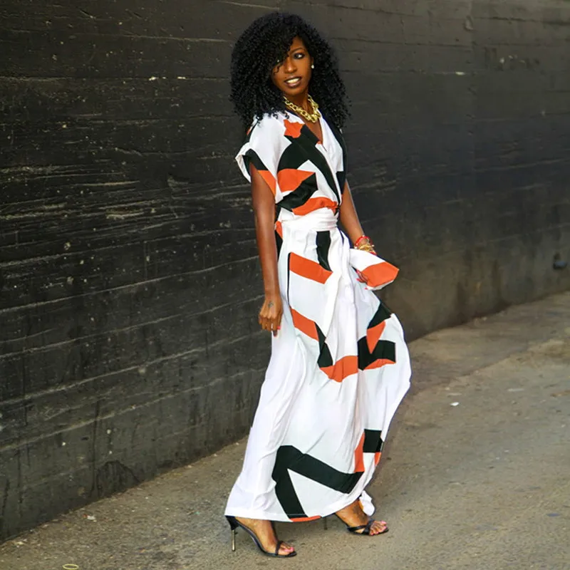 Женское длинное платье с принтом Boho летнее макси коротким рукавом и v образным