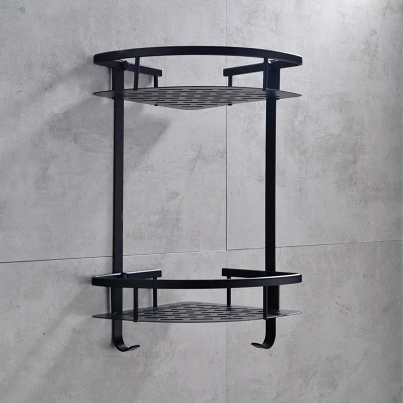

Space Aluminum Black bathroom Shelf rack with hooks for bathroom shelf organizer black bathroom accessories