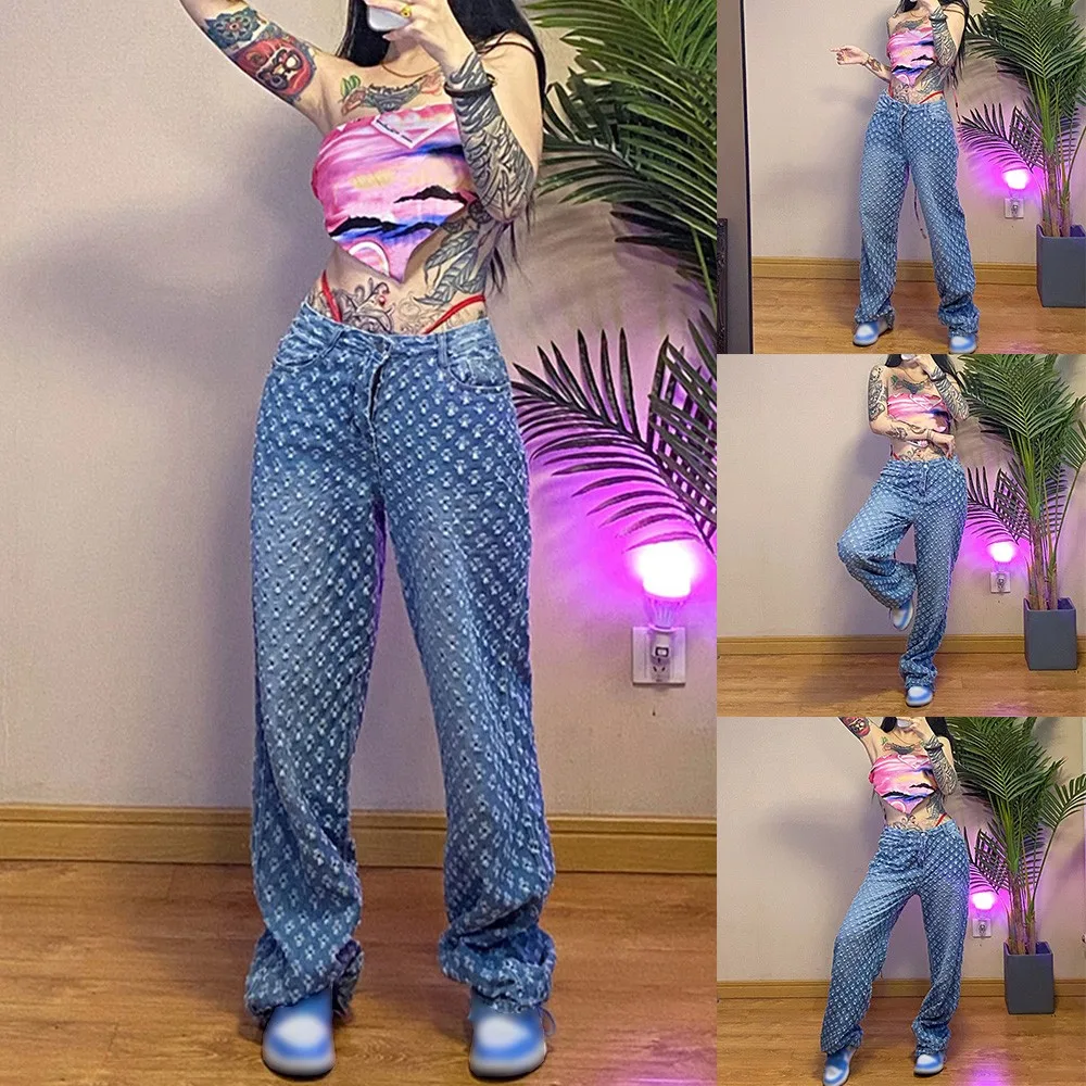 

Women Checkered Holes Sport Jeans Korean High Waist Buttons Baggy Pants Trousers Jeans Streetwear Vintage Fashion Pants 2022