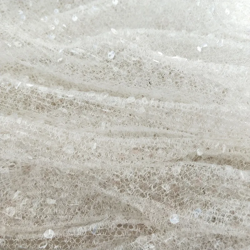 

Glace 1Y/lot White sequined pleated mesh fabric for wedding dresses Fashion Home curtain decoration TX1402