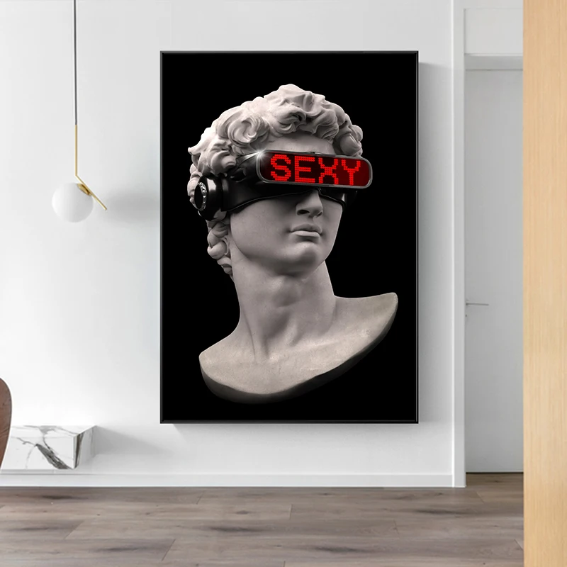 

Funny Art David Sculpture with VR Glasses Wall Art Abstract Canvas Posters and Prints David Canvas Paintings Wall Decor Pictures