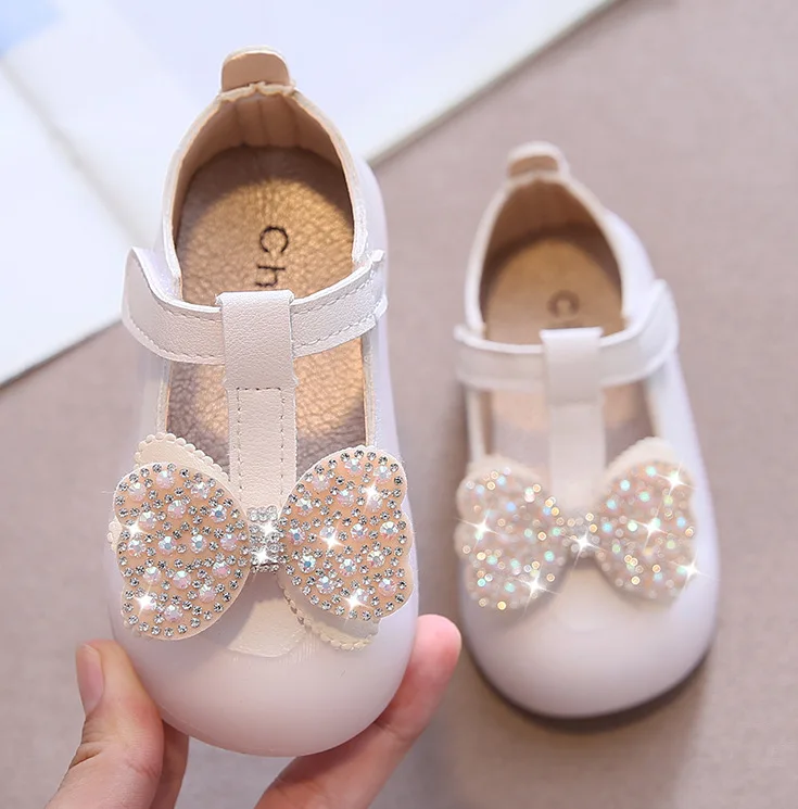 

Girls Wedding Shoes Bridal Crystal T Strap Toddlers Bowtie Bling Princess Shoes White Baby Child Kids Anti-Slippery Party Shoes