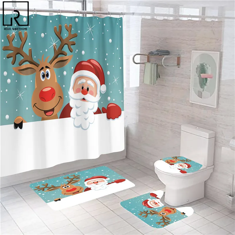 Vivid Santa Shower Curtain with Hooks Christmas Bathroom Partition Polyester Curtain Festival Decor Bath Mat Set Toilet Supplies