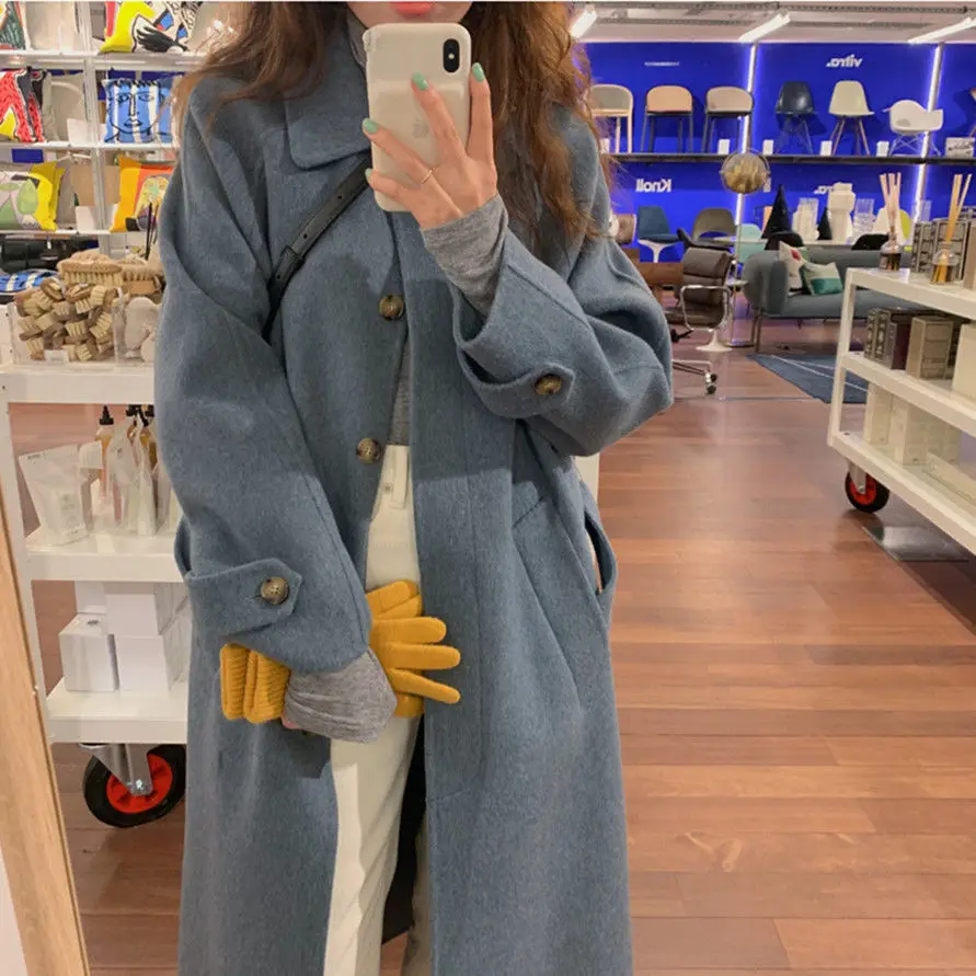 

Women Wool Blends Back-slit Turn-Down Collar Spliced Elegant Daily Overcoats Office Lady Thicken Warm Loose Slim Korean Sashes