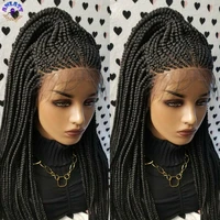 black color box braids wig african braids braided lace front wig for black women synthetic heat resistant fiber
