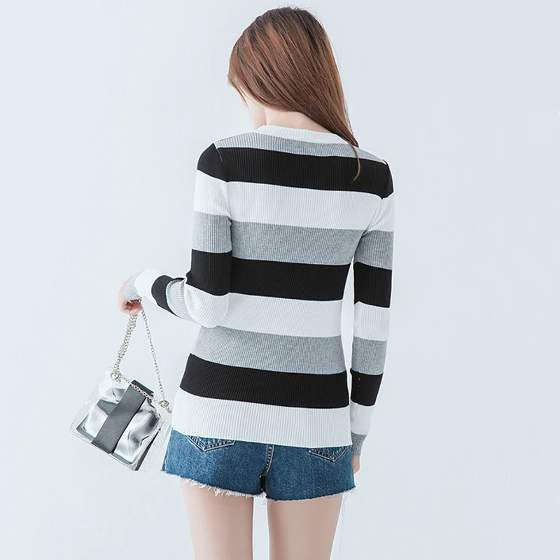 Женский полосатый свитер GOPLUS с круглым вырезом облегающий трикотажный