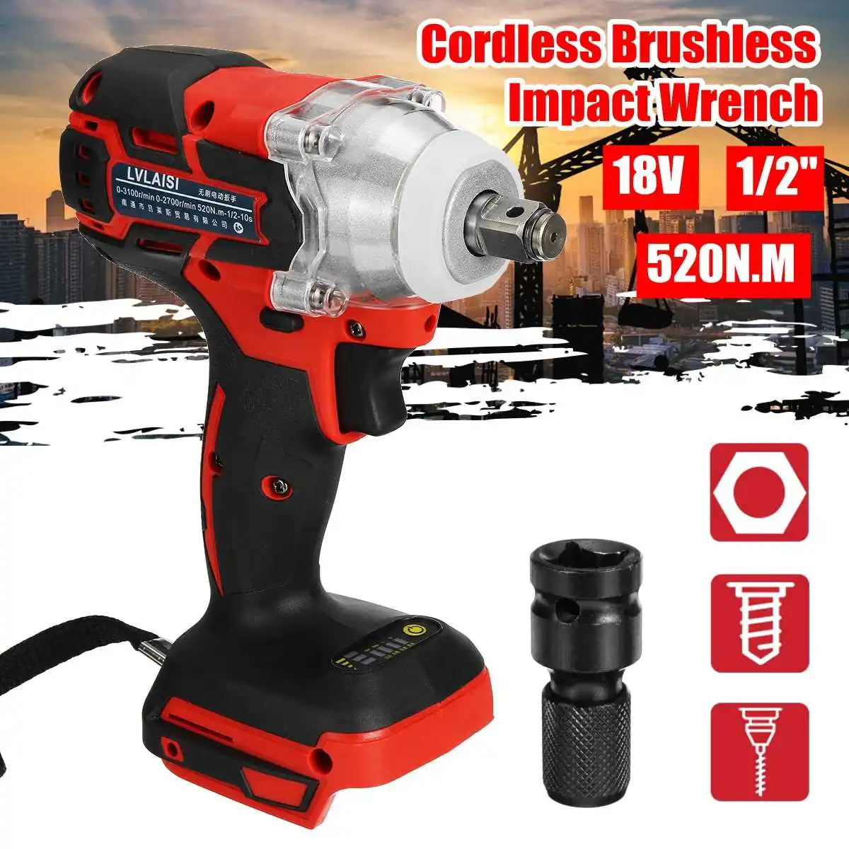 

18V 520N.m. Li-Ion Cordless Impact Wrench Driver 1/2'' Electric Wrench Replacement for Makita Battery