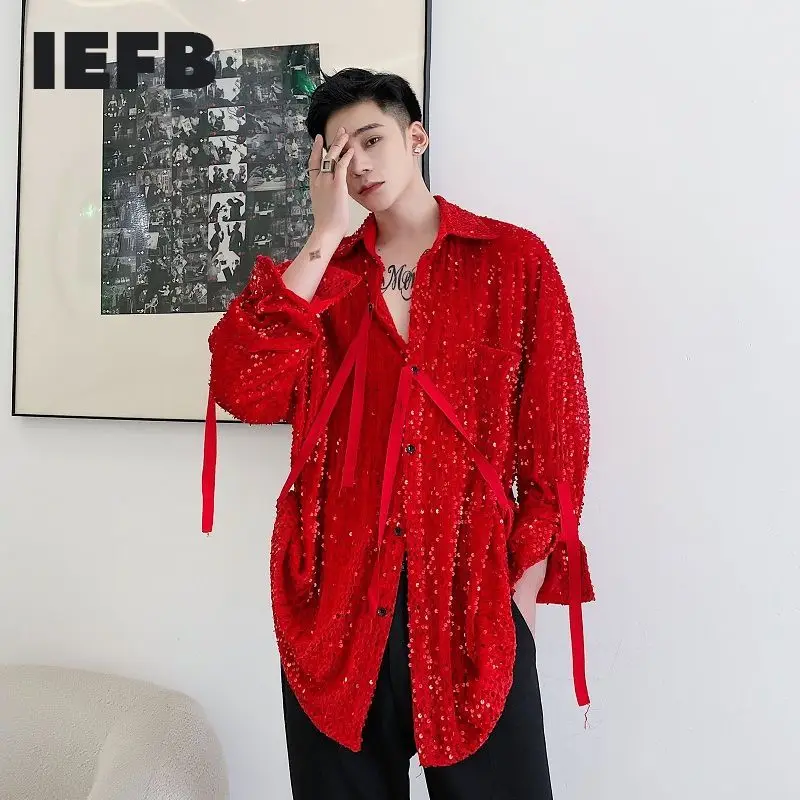 

IEFB /men's wear Single-product velvet sequins fashionable lace-up fitblack red shirts for male Autumn new tops 9Y4068