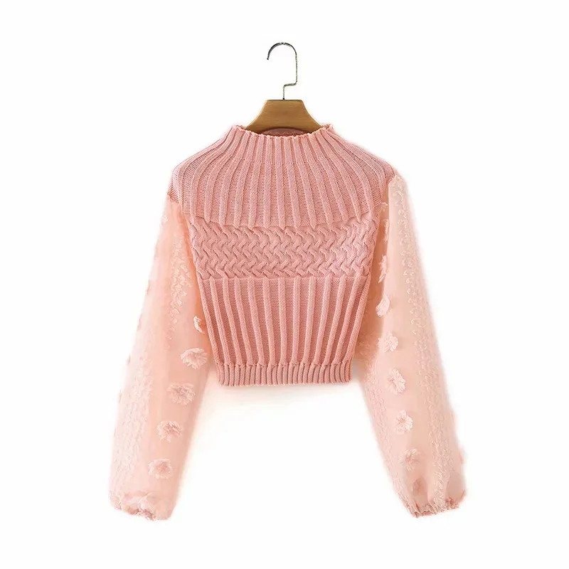 

Women Chiffon Lantern Sleeve Knitting Sweater Fashion Appliques Patchwork Short Female High Quality Chic Pullovers Tops