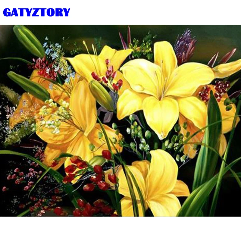 

GATYZTORY Frame Yellow Lily Flowers DIY Painting By Numbers Modern Wall Art Picture Handpainted Oil Painting For Home Decors Art