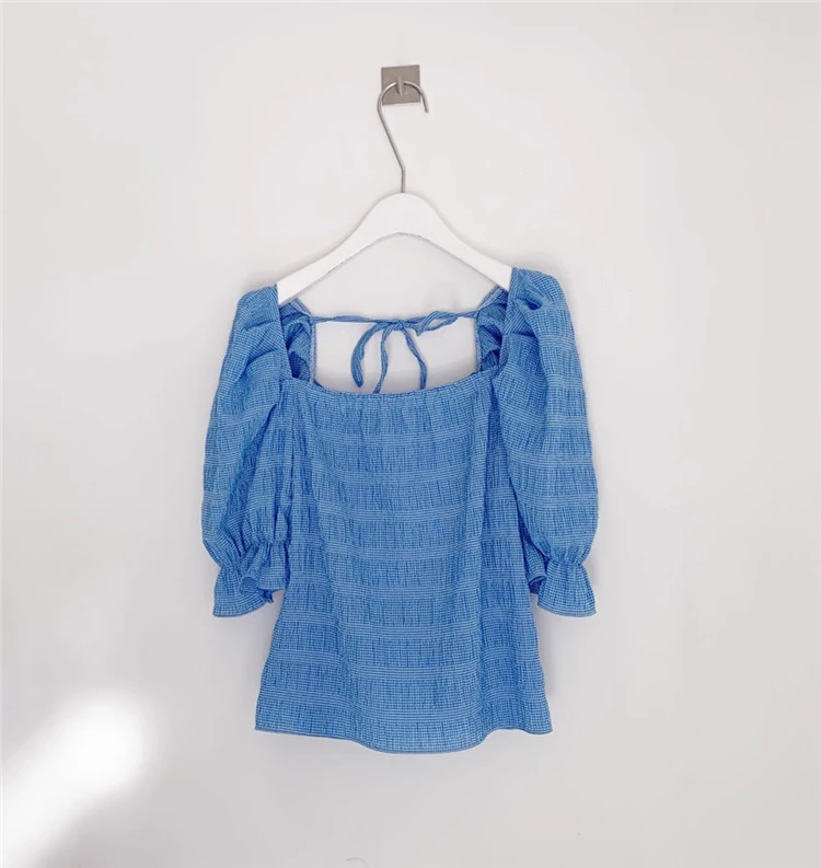 

Yocalor Backless Lace Up Blouse Women Korean Chic Square Collar Puff Sleeve Ladies Blusa Shirts Summer 2020 Fashion Female Tops