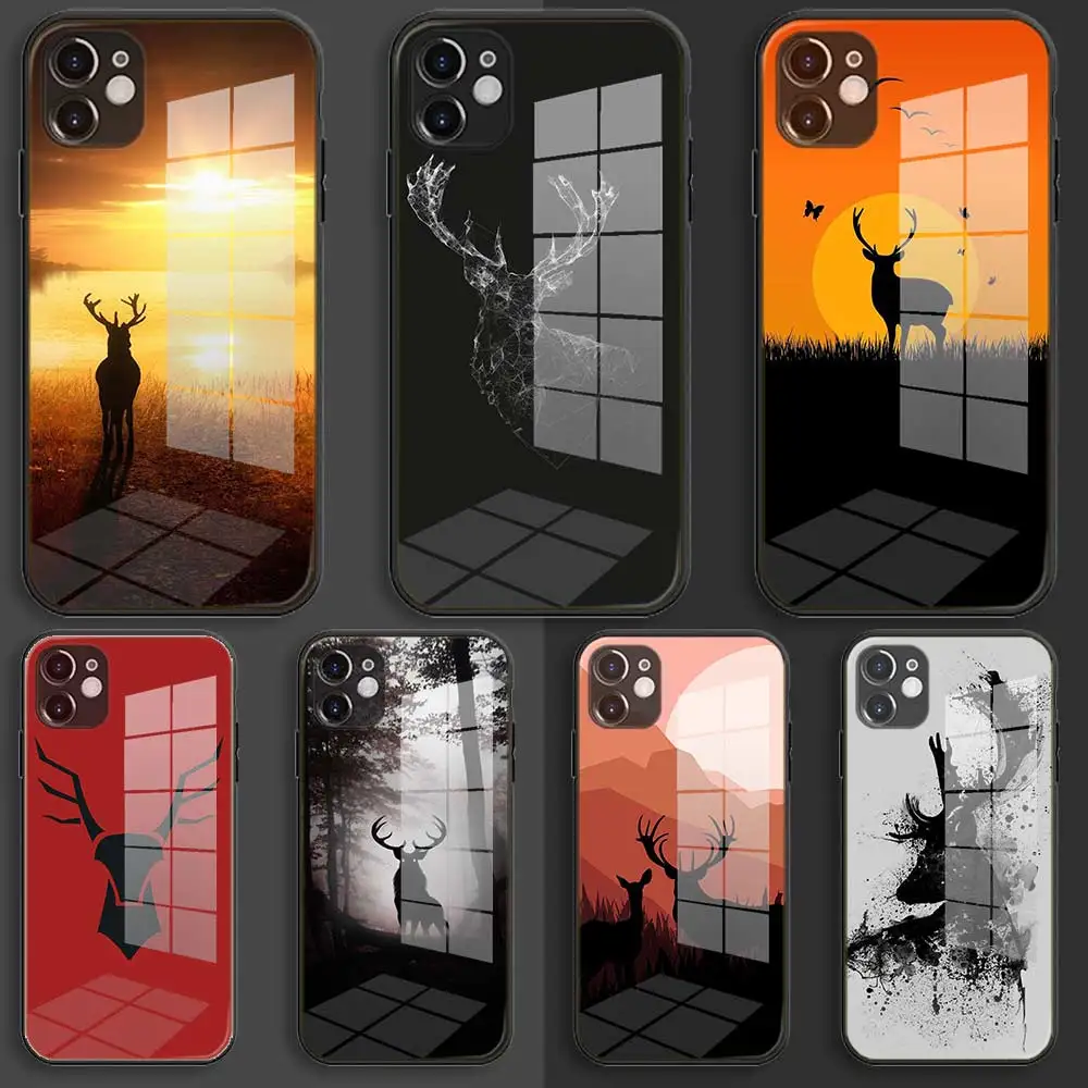 

Soft Silicone Glass Case Shell For iPhone 13 12 11 Pro X XS Max XR 8 7 6 Plus SE 2020 S Balck Cover deer Minimalistic animals