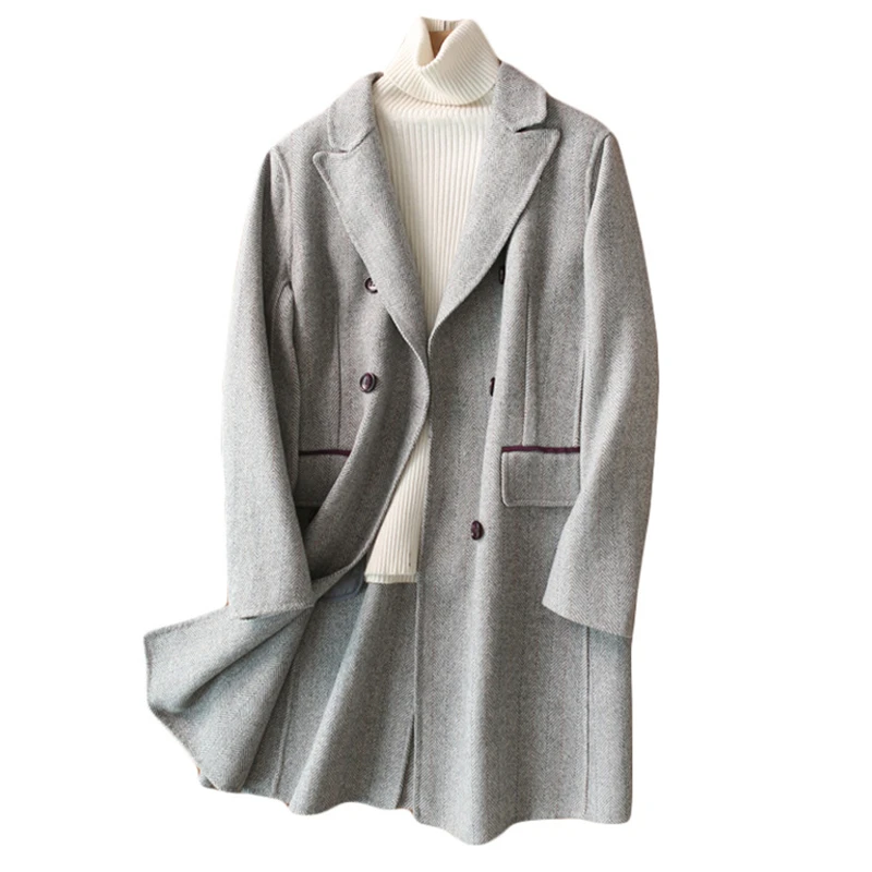 

High Quality Herringbone Double-sided 90%Wool Coat For Women Spring Casual Long Coat Women Autumn Winter Office Lady Coat Femme