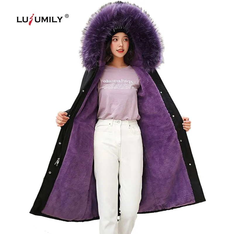 Lusumily/зимняя куртка размера плюс 3XL для женщин с капюшоном и большим меховым