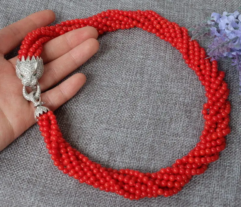 fashion 8strds 4mm Red Coral Round necklace-zircon clasp