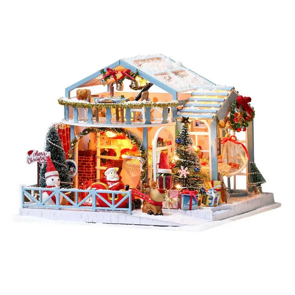 

Kids DIY Wooden Toys Christmas Eve Dollhouse Kit Miniature House With Furniture Casa Snow Cottage Dining Room Gifts For Children