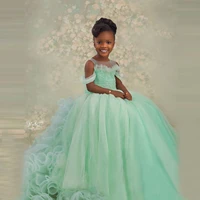lovely tulle kids pageant dresses for photo shoot cap sleeves pearls beaded with extra puffy long train flower girls dress