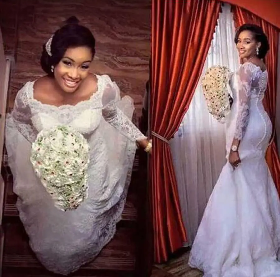 

Elegant African Women Full Lace Mermaid Wedding Dresses Long Sleeves Bridal Gowns Custom Made Plus Size Bride Dress Vestidos de