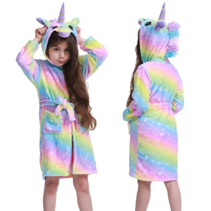 Зимний детский халат с единорогом пижама капюшоном и изображением животных