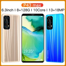 Cheapest Smartphone P43 Max 6.3 Inch HD 8GB RAM 128GB ROM Global Version Smart Phone Android Valid Google Play Store GPS Phone