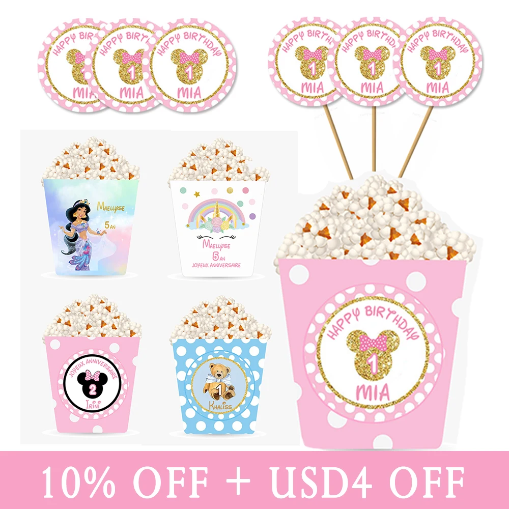 

Custom Mini Party Paper PopCorn Cup Boxes Cartoon Image Cake Topper Round Label Baptism Dragees Box Birthday New Year Eve Party
