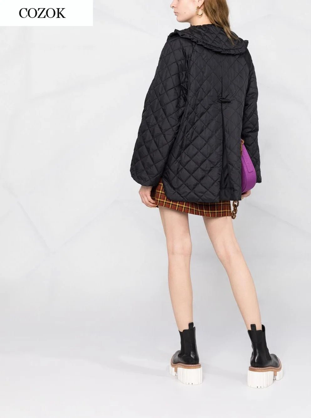Women Parkas 2021 Nordic Women Black Loose Double-breasted Ruffle Check Lapel Jacket