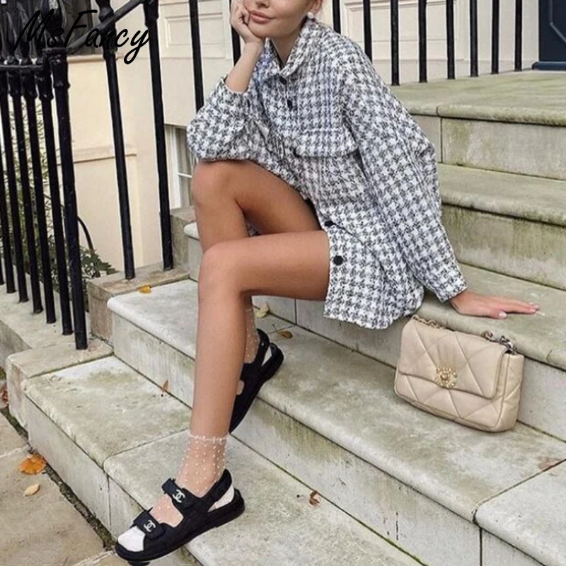 

Msfancy Tweed Jacket Women Fall Vintage Pockets Loose Veste Femme 2021 Fashion Plaid Ladies Coat Outwear