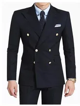 Conjunto de traje de dos piezas para hombre, esmoquin de novio con abertura lateral y doble botonadura, con solapa de pico azul oscuro, ropa de Boda (chaqueta + pantalones) (2)
