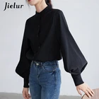 Jielur новый фонарь рукав блузки для женщин Весна 2021 однобортный стенд рубашка с воротником из органической кожи на каждый день в винтажном стиле Цвет Черный Блузка