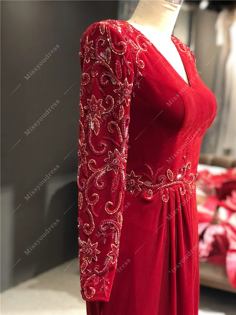 Red Velvet Customized Made Real Photos Heavy Beads Full Sleeves Straight Floor Length Evening Party Prom Dance Dress Gown
