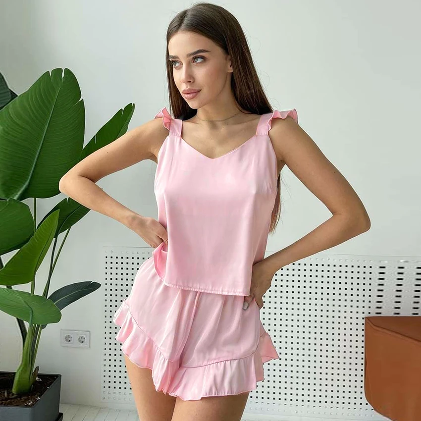 

Restve Ruffle Pajamas For Women 2 Piece Set Satin V Neck Cami Top Solid Female Casual Loose Home Suits With Shorts Autumn 2021