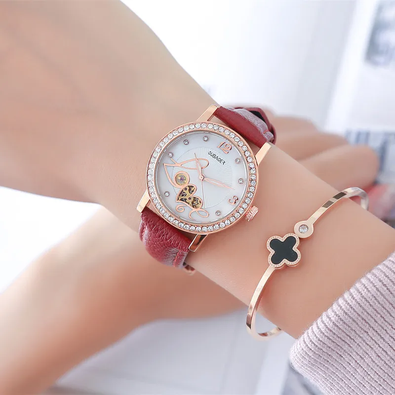 Relogio feminino, OUBAOER, автоматические механические часы для женщин, модные, стразы, полый дизайн, часы с кожаным ремешком, водонепроницаемые часы