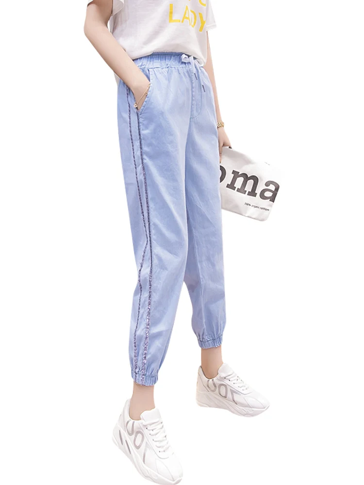 

Thin Jeans for Women 2021 Summer New High Waist Denim Pants Loose and Slimming Side Harem Pants Elastic Drawstring Denim Pants