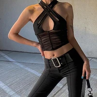 gothic black halter top summer slim corset tops female punk sleeveless mesh crop top club outfits sexy hollow out vest