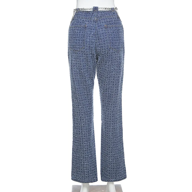 

Hollow Out Chain Blue Wide Leg Jeans High Waist Ripped Cotton Bell Bottom Pants Denim Hole Flare Trousers Pantalon Taille Haute