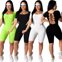 knitted fitness casual biker playsuit bodysuit short sleeve lace up hollow out bodycon rompers womens jumpsuit shorts summer