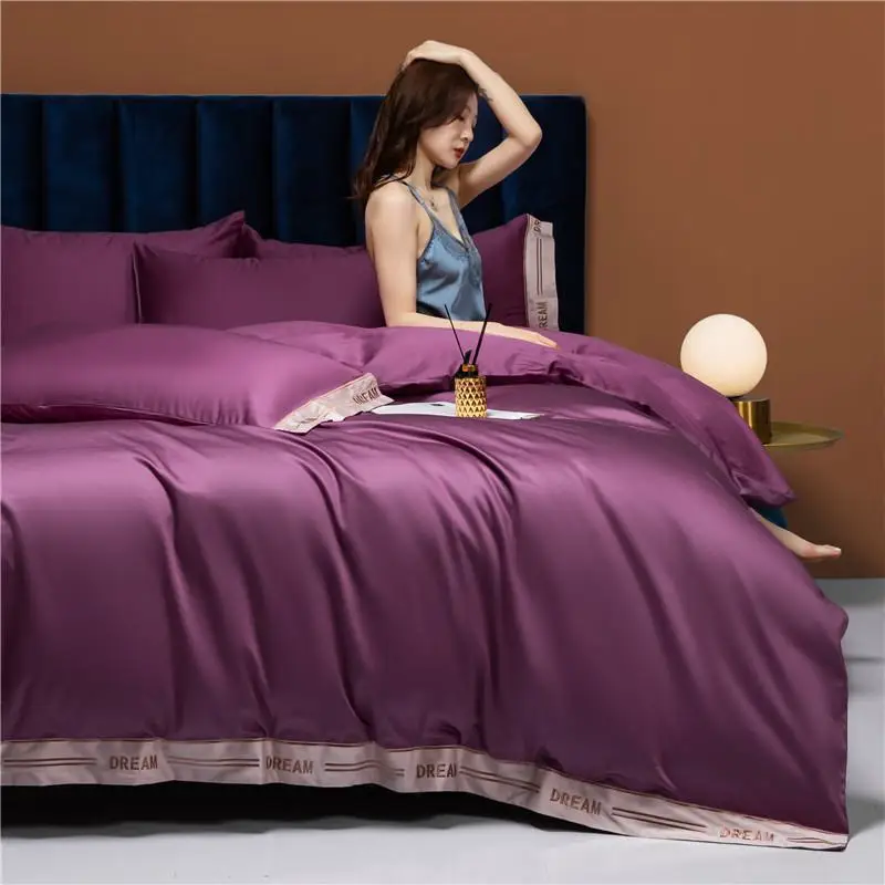 

Good Quality Long Staple Cotton Embroidery Solid Color Bedding Set Naked Sleep Duvet Cover Sheet Pillowcase King queen 4 Pcs