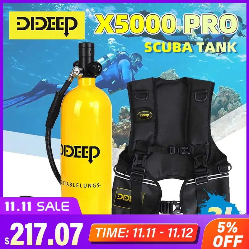 

DIDEEP 2L Scuba Diving Cylinder Mini Oxygen Tank Set Respirator Air Tank Diving Vest Bag for Snorkel Diving Equipment X5000Pro