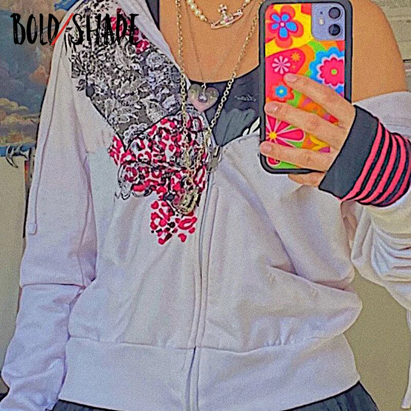 

Bold Shade 90s Indie Graphic Print Zipper Hoodies Pastel Aesthetic Y2K Cropped Tops Slim Casual Sporty Women Hoodies Autumn 2021