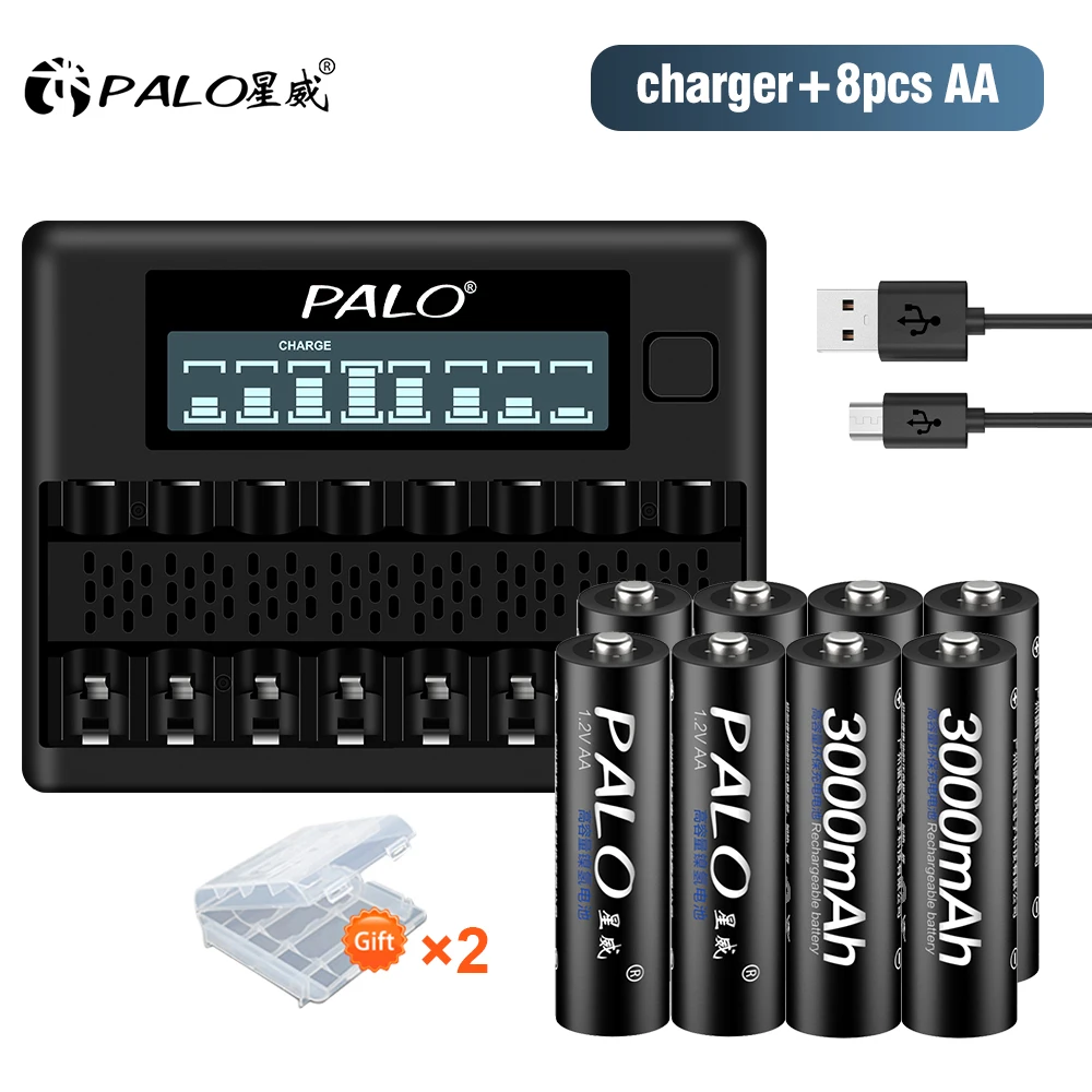 PALO 1 2 V AA перезаряжаемые батареи 3000mAh 2A Ni-MH Ni MH Rechargeble с 8 слотами AAA зарядное