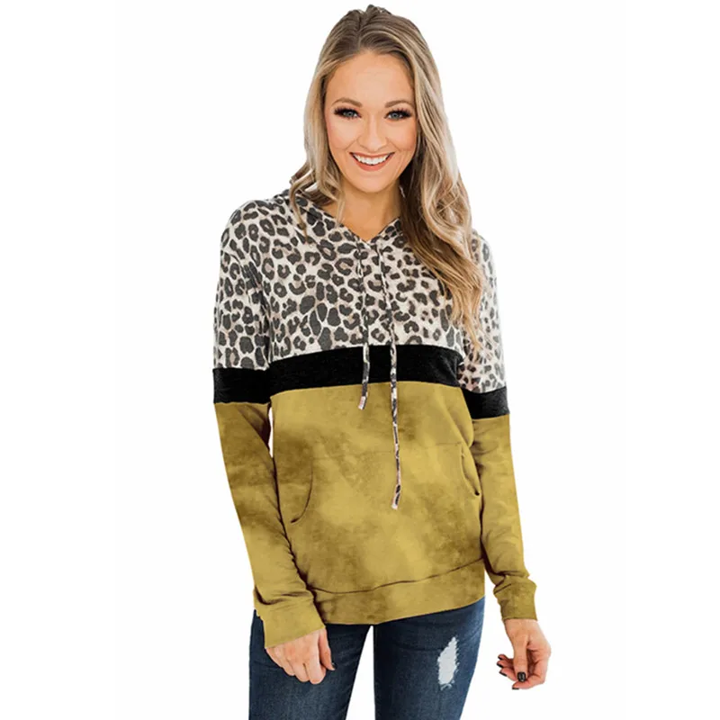 

OLOMLB New Clothes Leopaed Draw String Hooded Slim Ladies Hoodies Patchwork Long Sleeve Winter Casual Women Sweatshirt Pullover
