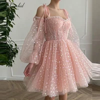 peorchid 2022 pink mini prom dresses spaghetti strap long sleeves evening gowns women for wedding party vestido de fiesta corto