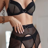 meikedainicey 2021 women lingerie set 3 piece black underwear suit see through transparent bra and panties sets with garter belt