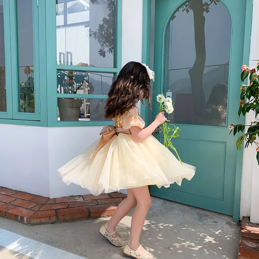 

New Summer Kids Clothes Baby Girls Short Sleeve Dress Fashion Shiny Sequin Puff Sleeves Tulle Princess Dresses Children Clothing