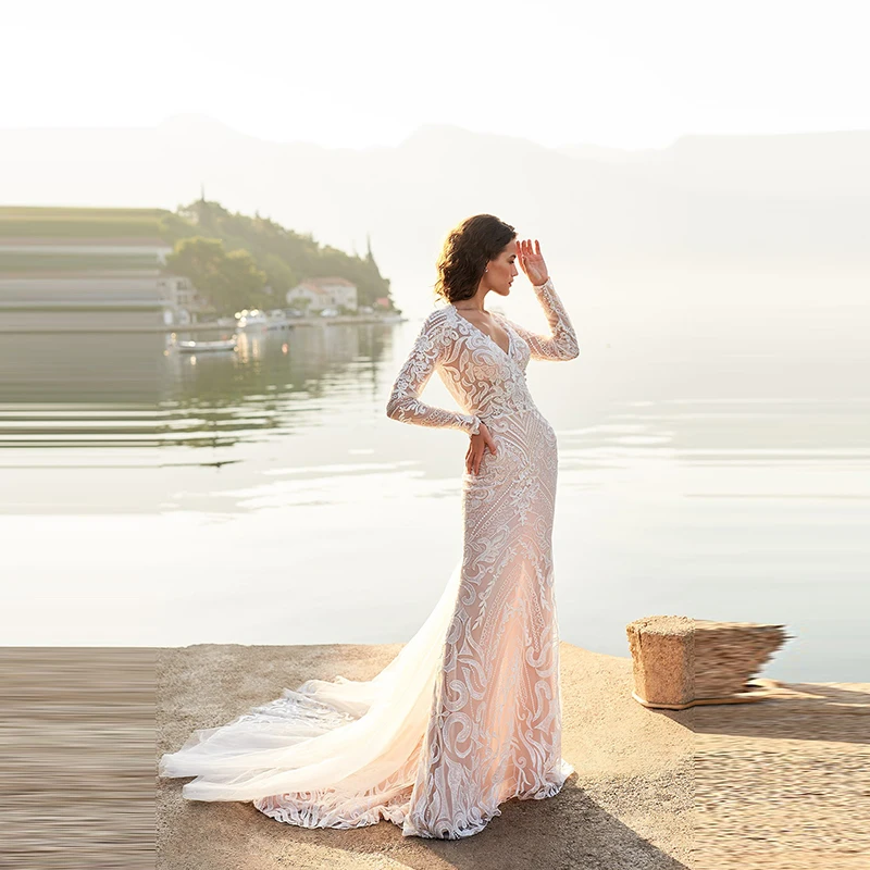 

Gorgeous Delicate Lace Long Sleeves Bride Wedding Dresses Plunge V Neckline Illusion Back Bridal Gowns Appliqued Court Train