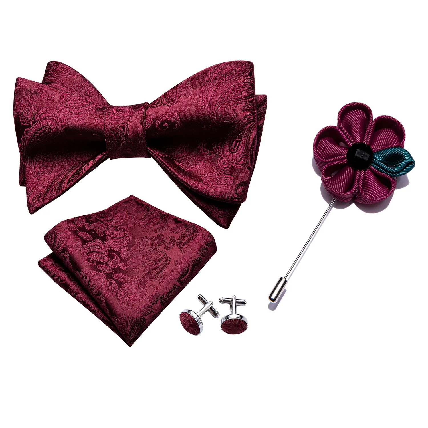 Barry.Wang Men Bowtie Red Self-tied Bows Paisley Burgundy Silk Tie Set Pocket Square Cufflinks Boutonniere for Wedding Party burgundy sexy backless self tie bikini set