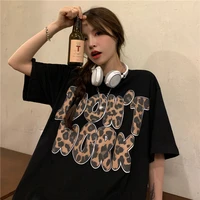 summer new style korean round neck leopard print letter print all match loose oversize short sleeve t shirt top women
