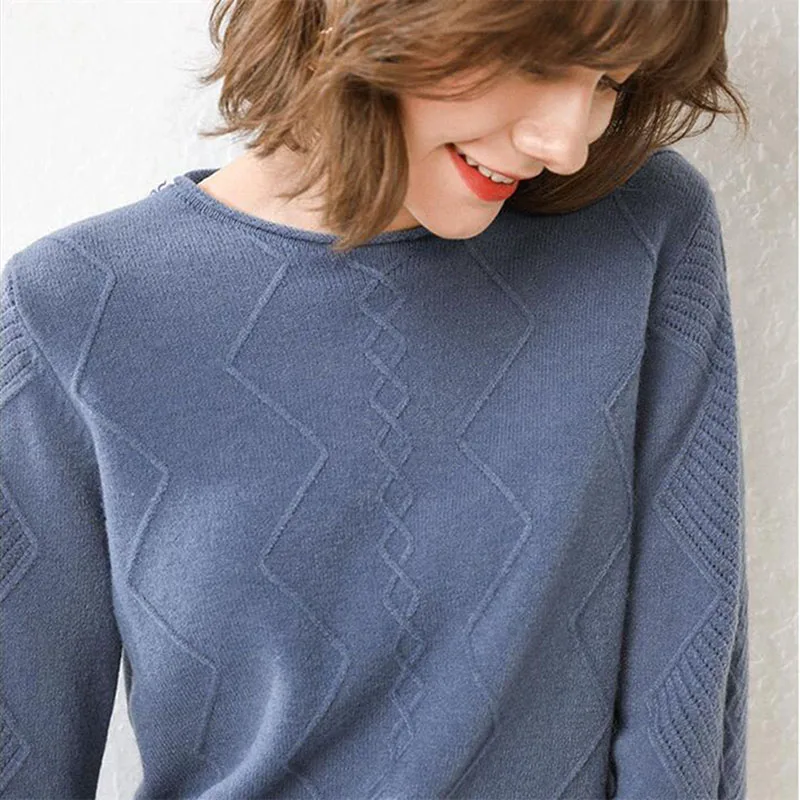 GCAROL New Women O Neck Curled Rhombic Sweater Fall Winter 30% Wool Cashmere Thick Jumper Stretch Warm OL Knitted Pullover S-3XL