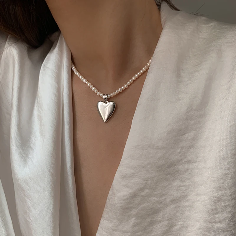 

GHIDBK 925 Sterling Silver Heart Pendant Seed Pearls Chain Necklace Baroque Natural Freshwater Pearl Collar Chokers Ins Necklace