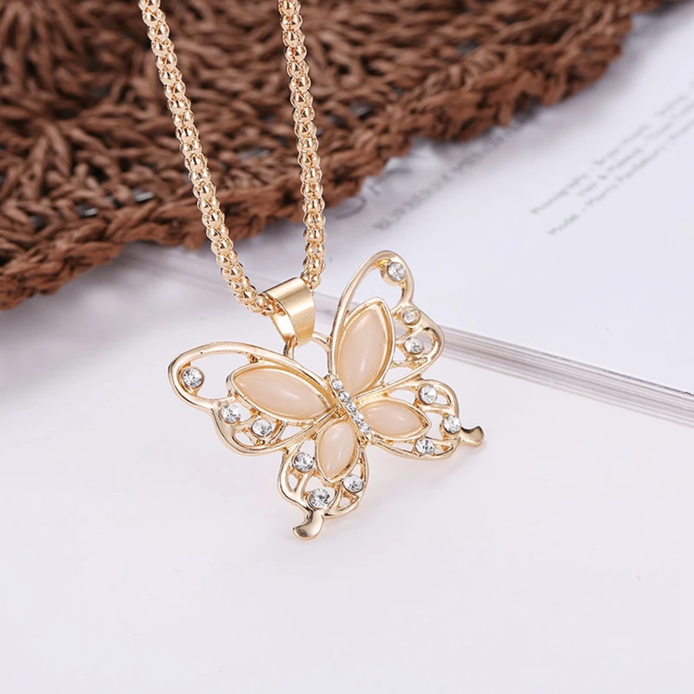 

Fashion Women Opal Hollow Butterfly Charm Pendant Long Chain Necklace Jewelry Elegant Sweater Chain for Women